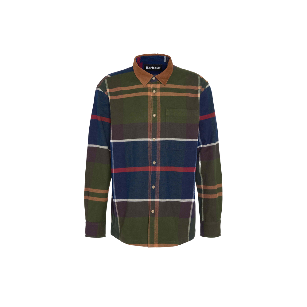 The Barbour M Bushlane Oversized LS Tartan Shirt is a long-sleeve, button-up shirt with a multicolored plaid pattern in shades of green, blue, white, and brown, featuring a button-down collar for added style and structure.