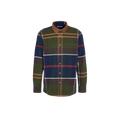 The Barbour M Bushlane Oversized LS Tartan Shirt is a long-sleeve, button-up shirt with a multicolored plaid pattern in shades of green, blue, white, and brown, featuring a button-down collar for added style and structure.