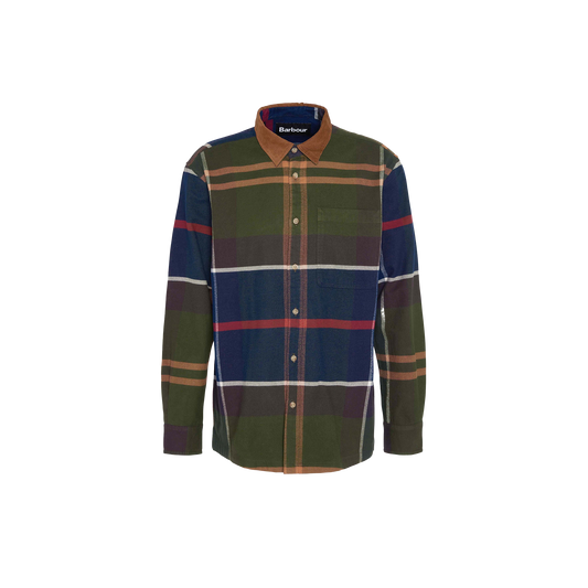 The Barbour M Bushlane Oversized LS Tartan Shirt is a long-sleeve, button-up shirt with a multicolored plaid pattern in shades of green, blue, white, and brown, featuring a button-down collar for added style and structure.