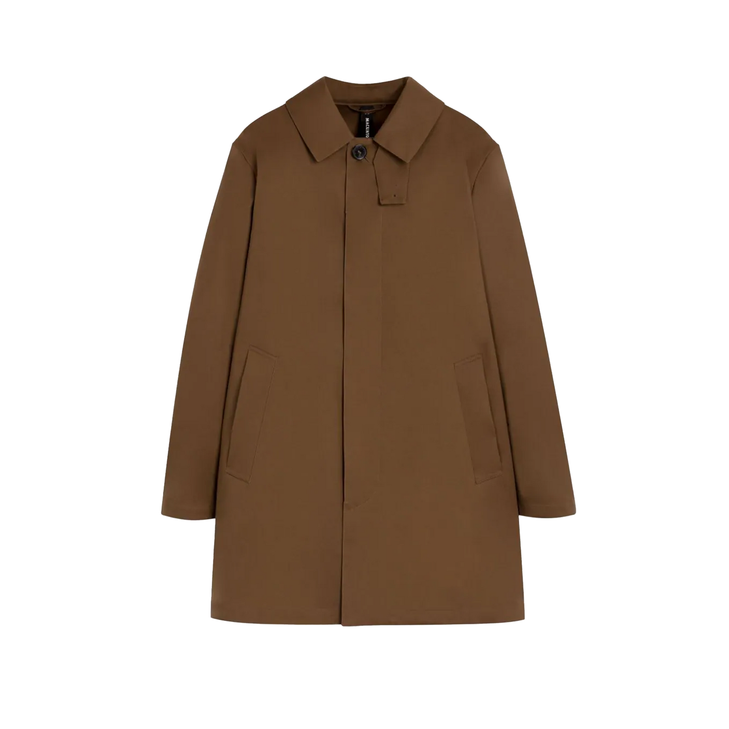 The "M Cambridge" by Mackintosh is a brown trench coat made from water-repellent RAINTEC cotton, featuring a single black button and two front pockets, showcased on a white background.