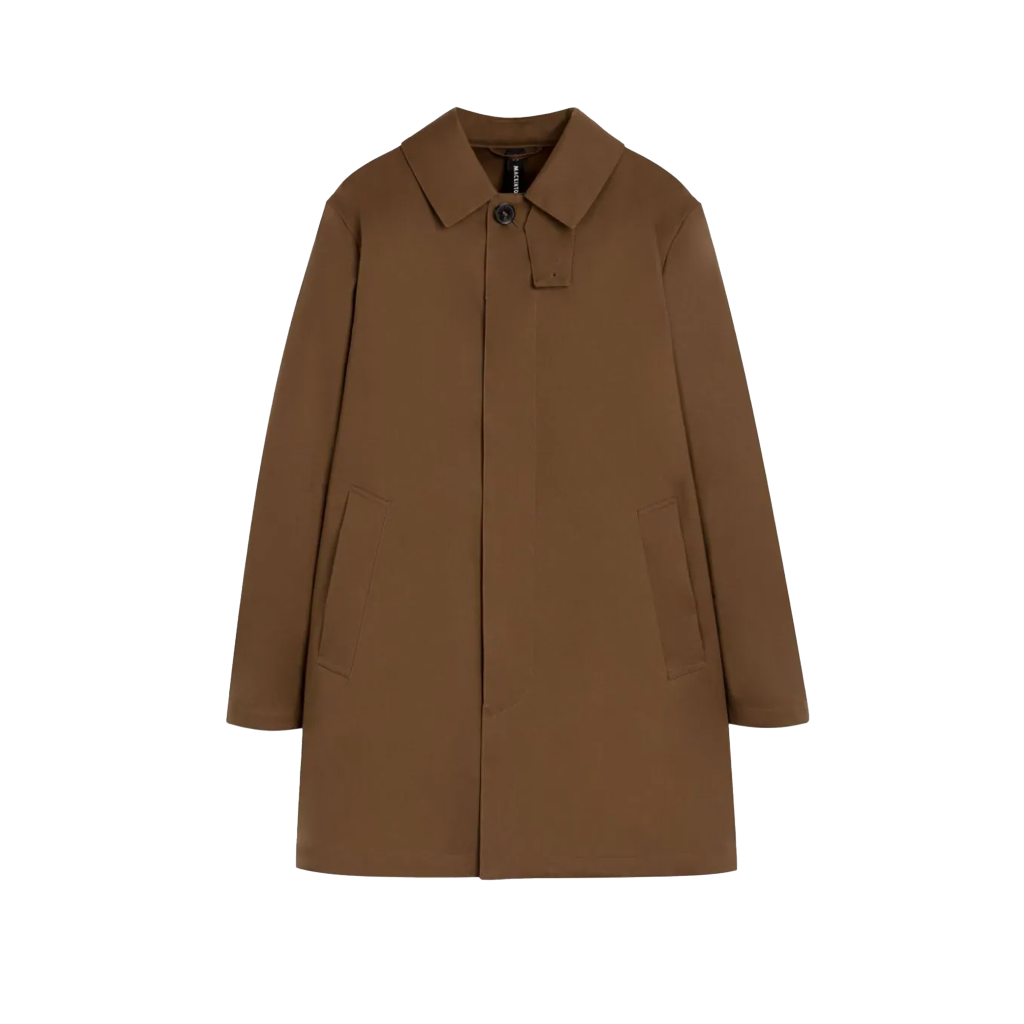 The "M Cambridge" by Mackintosh is a brown trench coat made from water-repellent RAINTEC cotton, featuring a single black button and two front pockets, showcased on a white background.