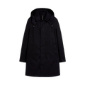 The Mackintosh M Cambridge Hood is a black hooded raincoat made from RAINTEC cotton, featuring a front zipper and two side pockets.