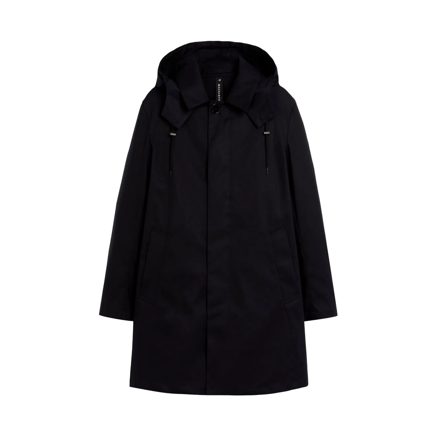 The Mackintosh M Cambridge Hood is a black hooded raincoat made from RAINTEC cotton, featuring a front zipper and two side pockets.