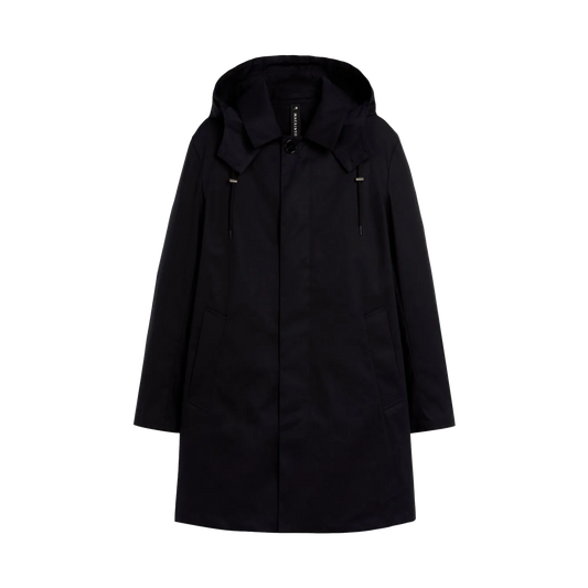 The Mackintosh M Cambridge Hood is a black hooded raincoat made from RAINTEC cotton, featuring a front zipper and two side pockets.