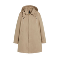 The M Cambridge Hood by Mackintosh is a beige, hooded raincoat made from RAINTEC cotton with drawstrings and front pockets, showcased against a white background.