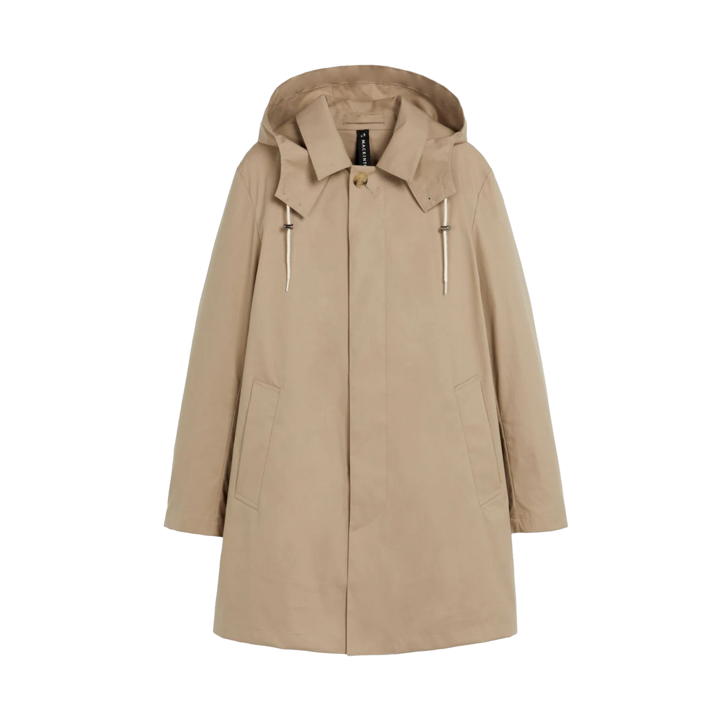 The M Cambridge Hood by Mackintosh is a beige, hooded raincoat made from RAINTEC cotton with drawstrings and front pockets, showcased against a white background.