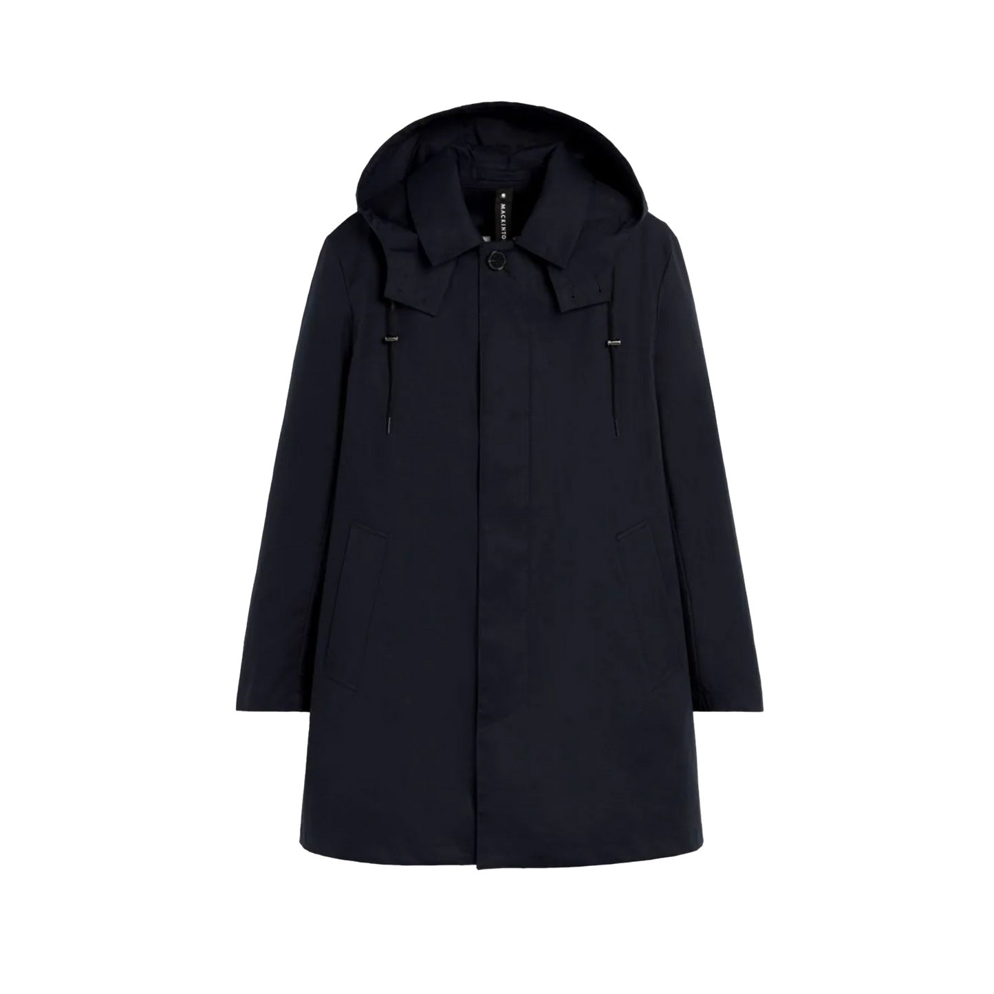 The M Cambridge Hood by Mackintosh is a black, long-sleeved hooded coat with front pockets, designed for cold weather. Crafted from RAINTEC cotton, this breathable outerwear ensures you stay warm and comfortable in chilly conditions.