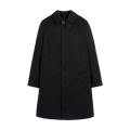 The M Manchester overcoat by Mackintosh, a black single-breasted design made from breathable fabric, is displayed against a plain white background.