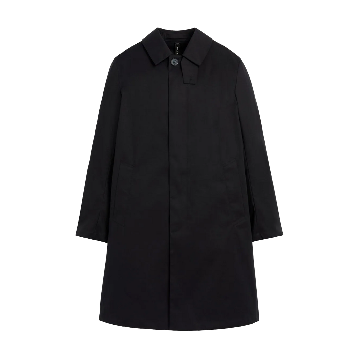 The M Manchester overcoat by Mackintosh, a black single-breasted design made from breathable fabric, is displayed against a plain white background.