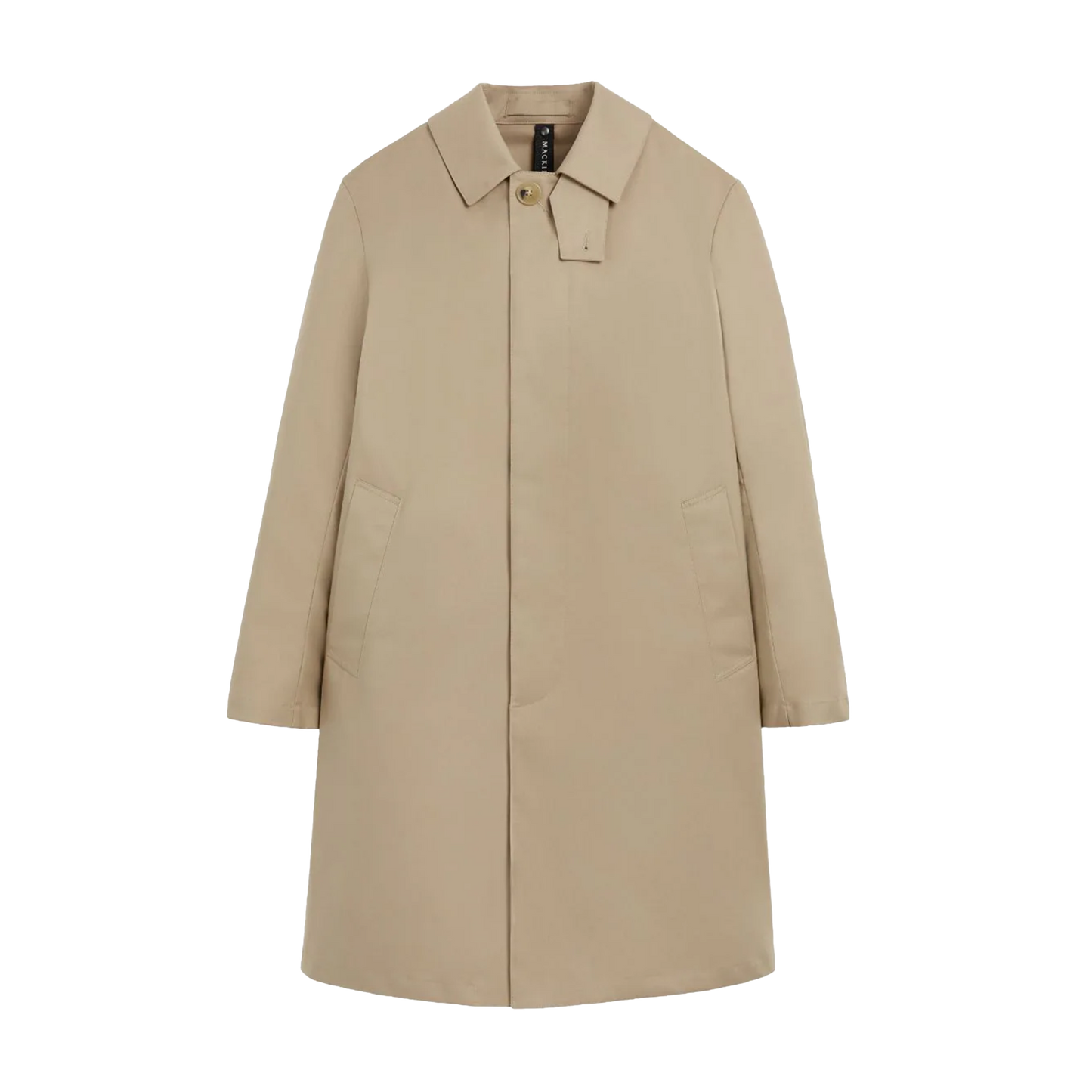 The M Manchester trench coat by Mackintosh, in beige, features a collar, button closure, and two front pockets, expertly demonstrating windproof outerwear against a plain white background.