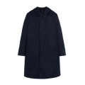 The M Manchester black long coat by Mackintosh, featuring a classic collar and concealed buttons, crafted from breathable fabric, is displayed against a white background.