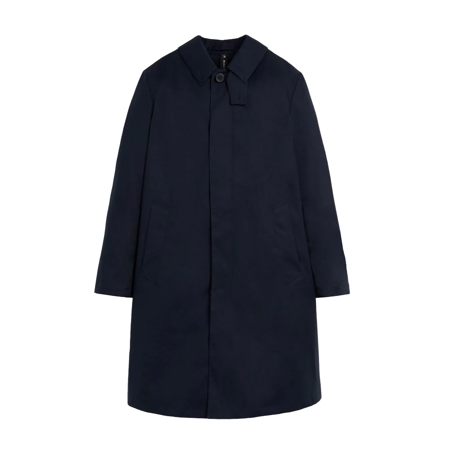 The M Manchester black long coat by Mackintosh, featuring a classic collar and concealed buttons, crafted from breathable fabric, is displayed against a white background.