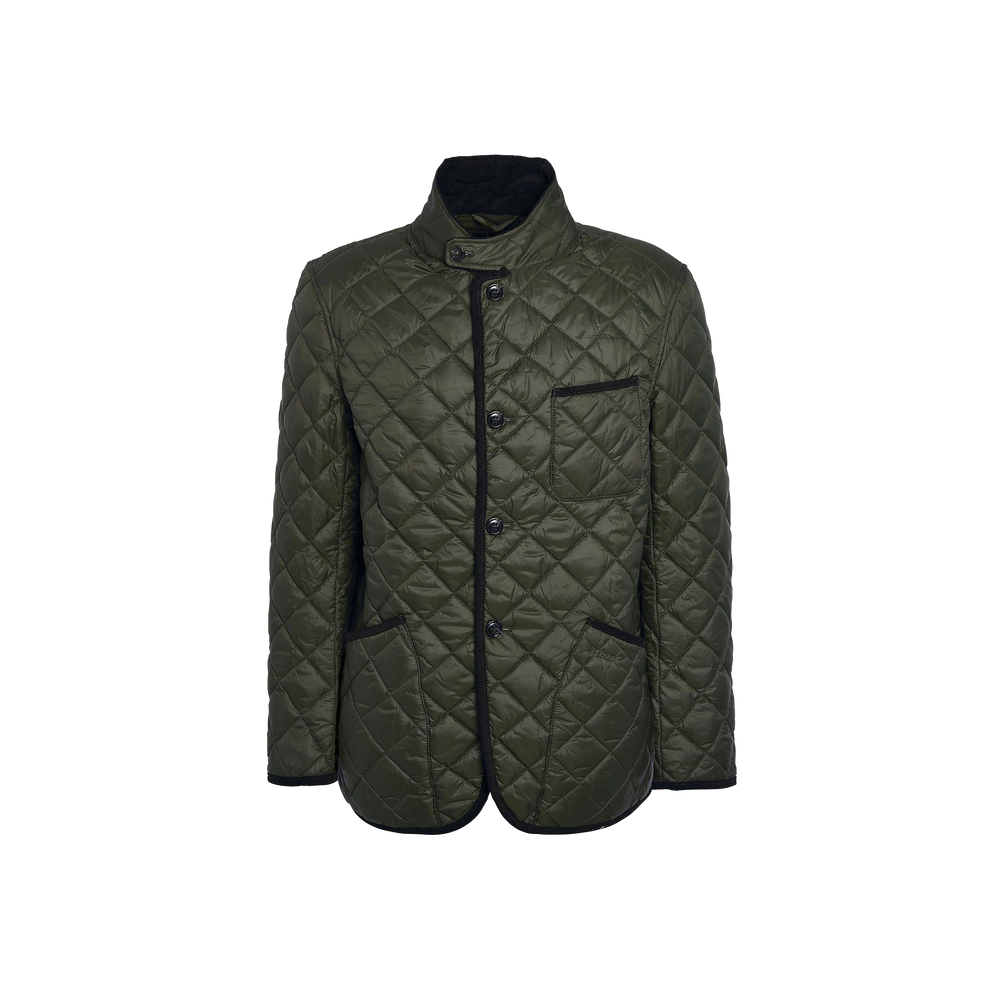 The Men's Modern Liddesdale jacket by Barbour, in olive green, features a quilted design with a stand-up collar, button closure, and three pockets. Its tailored fit adds a touch of sophistication to any ensemble.