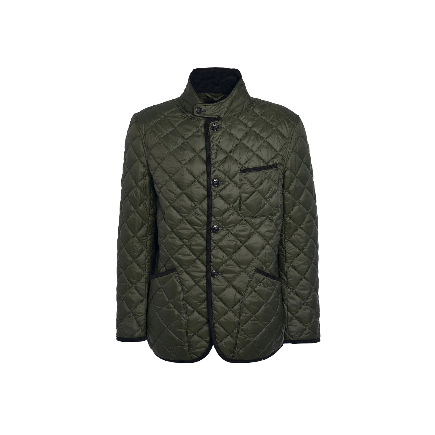 The Men's Modern Liddesdale jacket by Barbour, in olive green, features a quilted design with a stand-up collar, button closure, and three pockets. Its tailored fit adds a touch of sophistication to any ensemble.