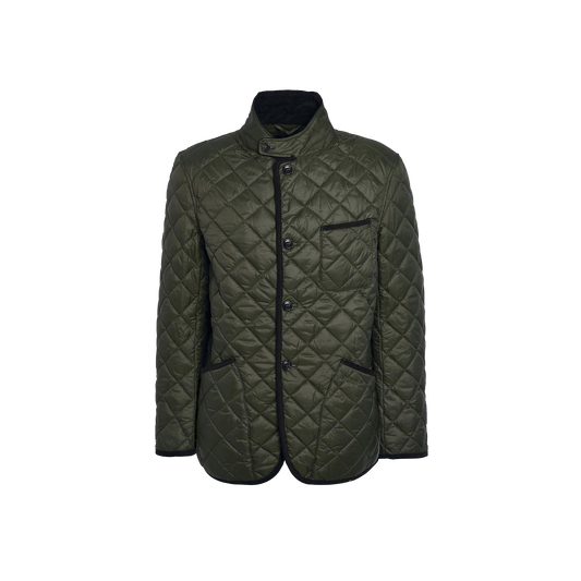 The Barbour M Modern Liddesdale jacket in olive green is tailored for a flattering fit and features a high collar, front button closure, chest pocket, and two front pockets. Its stylish quilted and padded design provides added warmth.