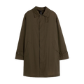 A stylish dark olive green coat, the M Soho Packable Coat by Mackintosh, features a button-up front and two side pockets against a plain white background.