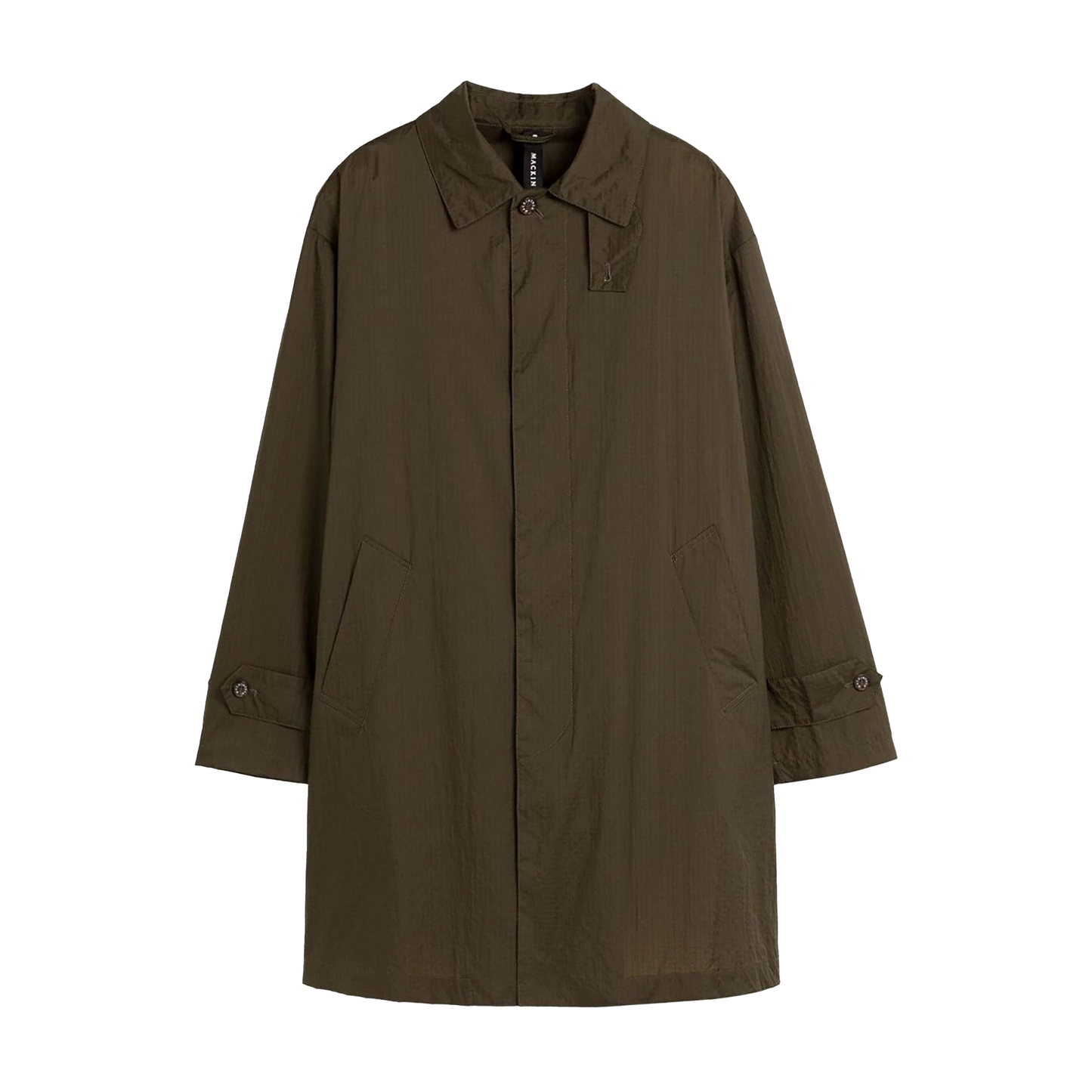 A stylish dark olive green coat, the M Soho Packable Coat by Mackintosh, features a button-up front and two side pockets against a plain white background.