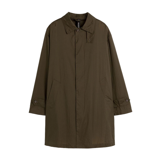 A stylish dark olive green coat, the M Soho Packable Coat by Mackintosh, features a button-up front and two side pockets against a plain white background.