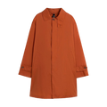 The M Soho Packable Coat by Mackintosh is an orange long-sleeve jacket with an iconic design featuring a button-up front and two side pockets, reminiscent of a classic Mackintosh.