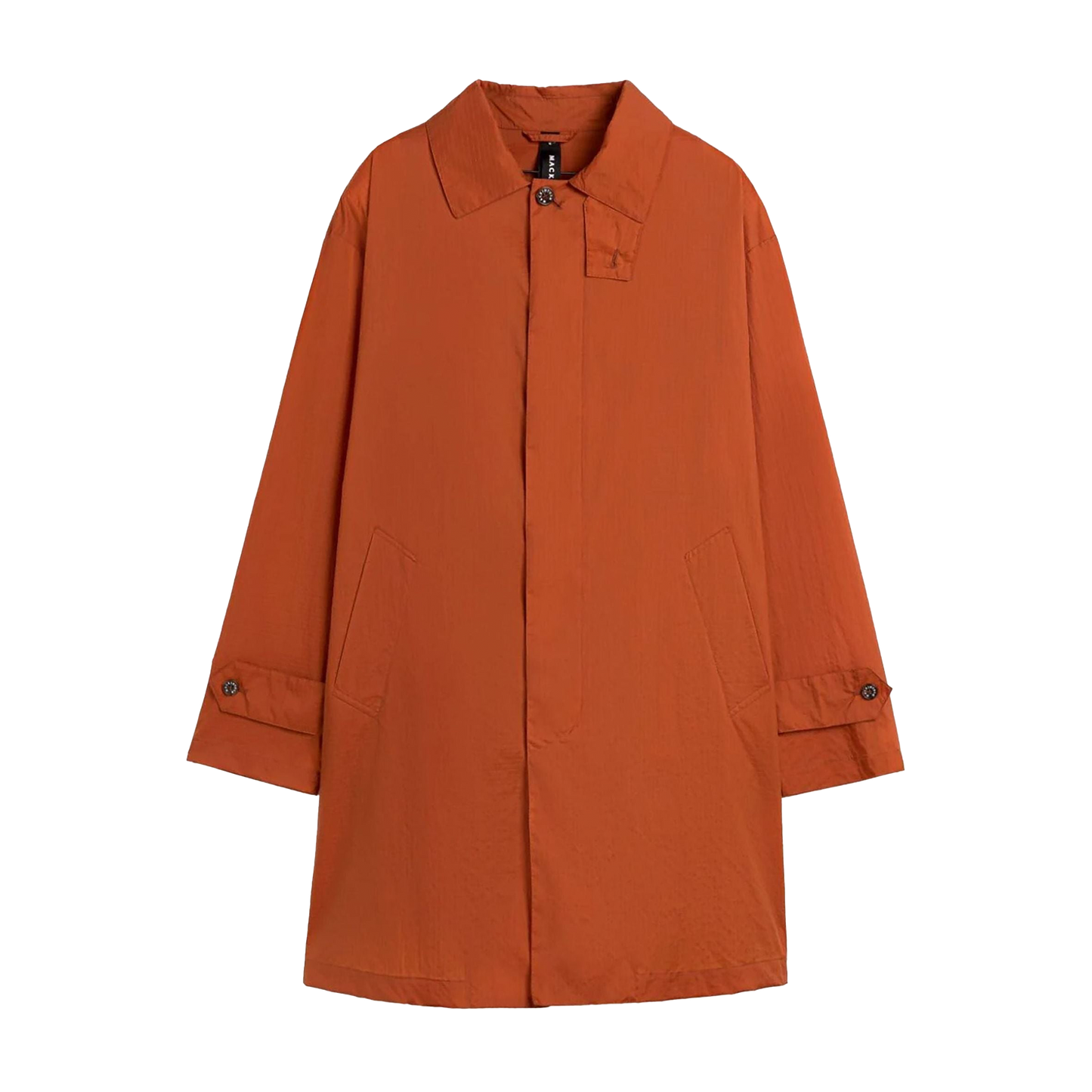 The M Soho Packable Coat by Mackintosh is an orange long-sleeve jacket with an iconic design featuring a button-up front and two side pockets, reminiscent of a classic Mackintosh.