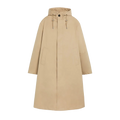 Introducing the Mackintosh M Wolfson, a stylish long hooded coat designed for durability. This water-repellent piece combines function with fashion, featuring a beige hue, a cozy hood with drawstrings, two spacious front pockets, and a secure front button closure. Perfect for any weather!