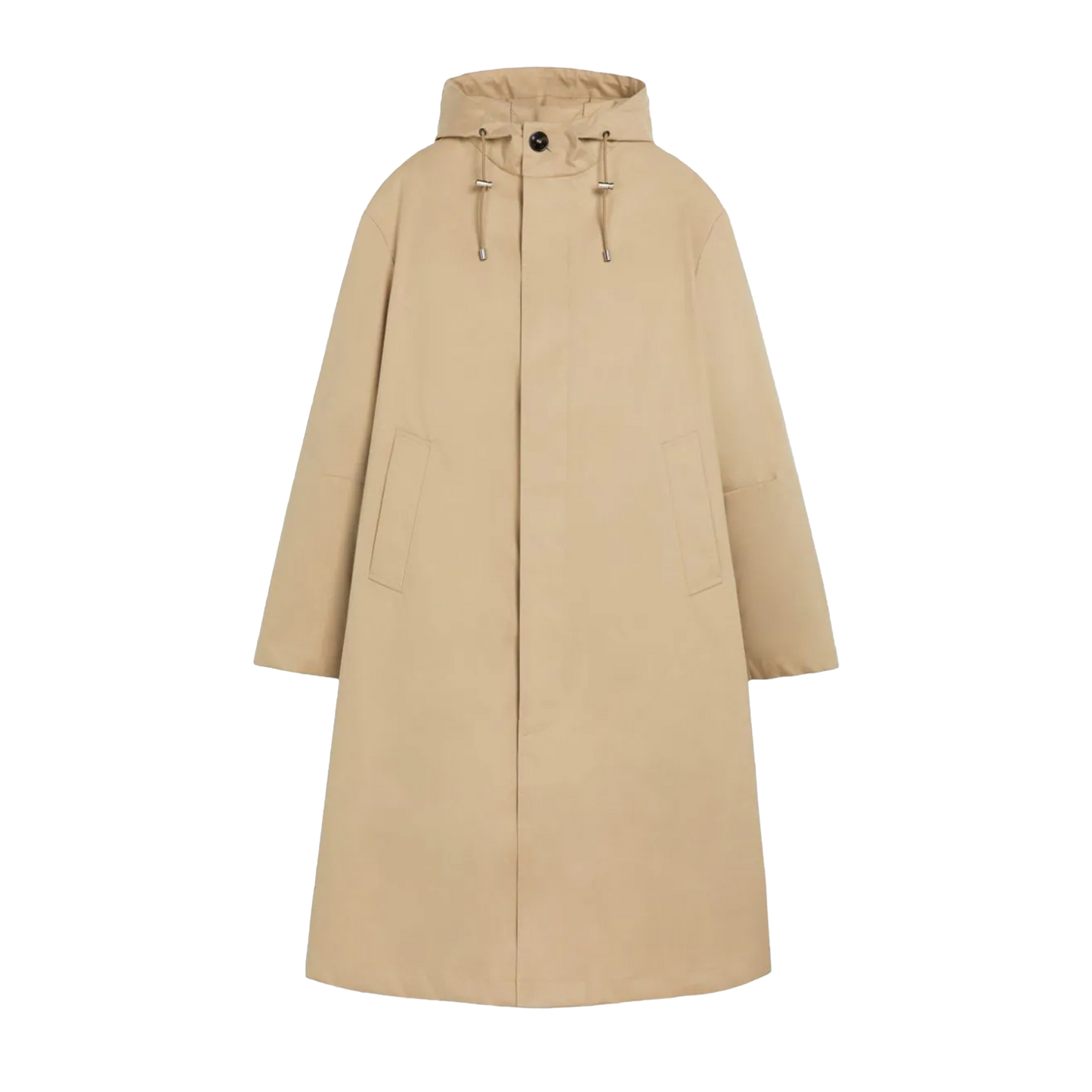 Introducing the Mackintosh M Wolfson, a stylish long hooded coat designed for durability. This water-repellent piece combines function with fashion, featuring a beige hue, a cozy hood with drawstrings, two spacious front pockets, and a secure front button closure. Perfect for any weather!