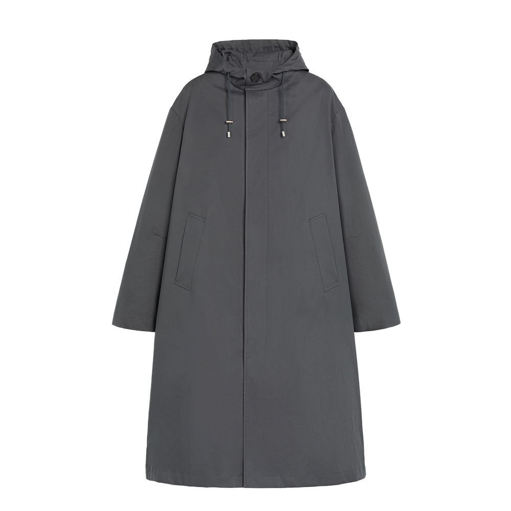 A long, dark gray M Wolfson Cotton Coat by Mackintosh, featuring a hood and two front pockets, displayed against a plain white background.