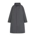 A long, dark gray M Wolfson Cotton Coat by Mackintosh, featuring a hood and two front pockets, displayed against a plain white background.