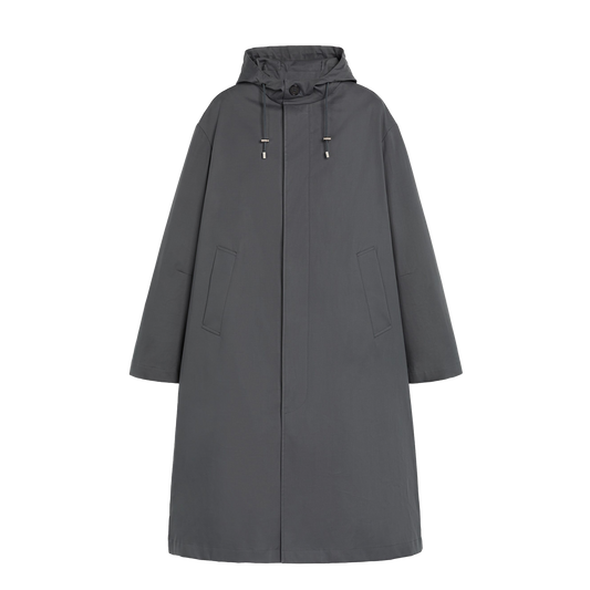 A long, dark gray M Wolfson Cotton Coat by Mackintosh, featuring a hood and two front pockets, displayed against a plain white background.