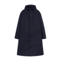 The M Wolfson by Mackintosh is a Cool Grey RAINTEC navy blue hooded long coat, showcasing a water-repellent finish, front pockets, and a concealed button closure, elegantly displayed on a white background.