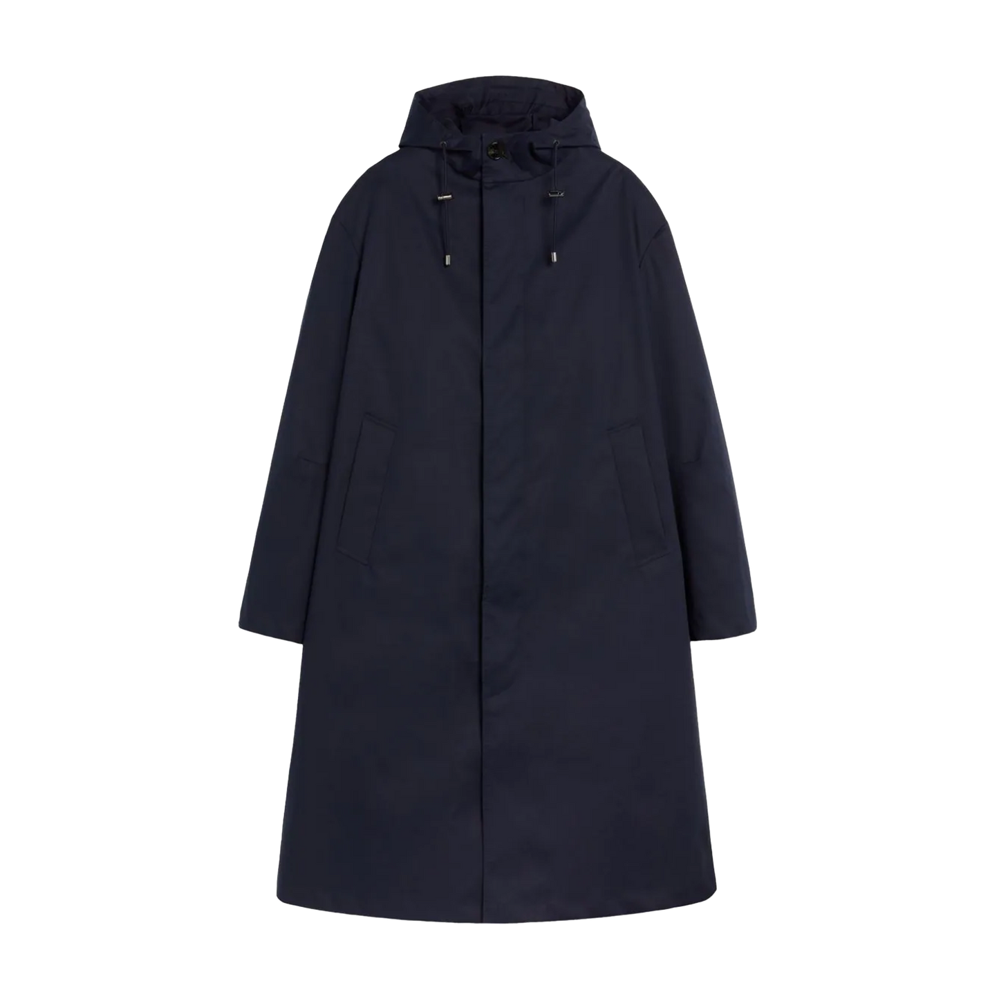 The M Wolfson by Mackintosh is a Cool Grey RAINTEC navy blue hooded long coat, showcasing a water-repellent finish, front pockets, and a concealed button closure, elegantly displayed on a white background.