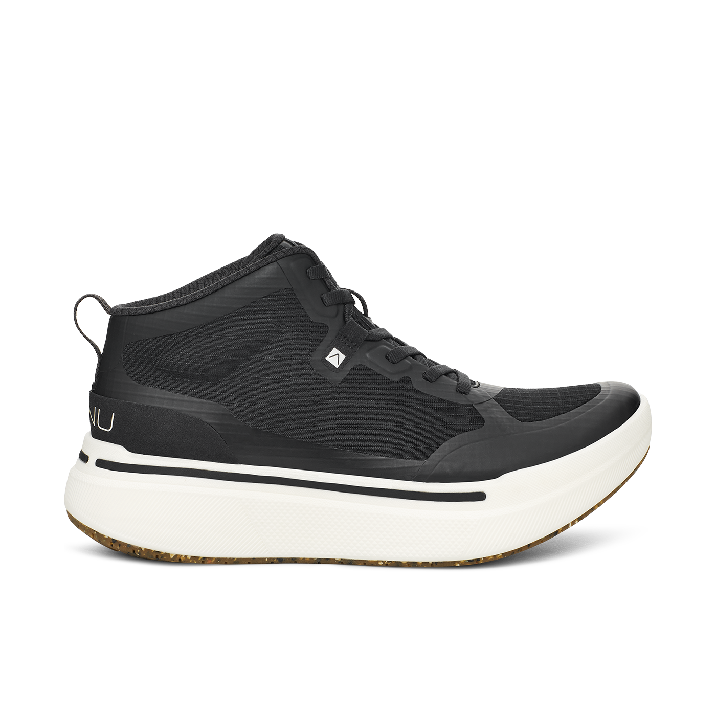 The M Sequence Mid, Black by AHNU is a black high-top athletic shoe featuring a white sole, PEBA foam for enhanced comfort, and a small logo on the side.