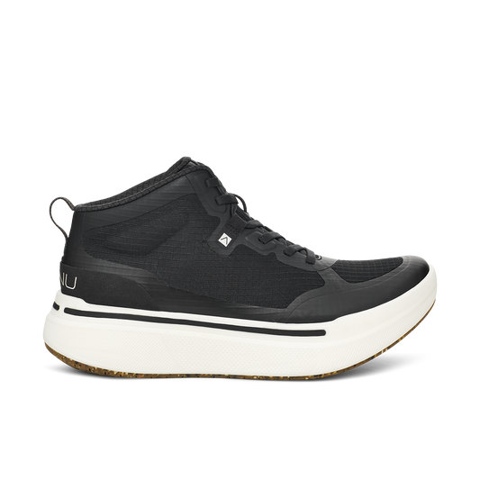 The M Sequence Mid, Black by AHNU is a black high-top athletic shoe featuring a white sole, PEBA foam for enhanced comfort, and a small logo on the side.