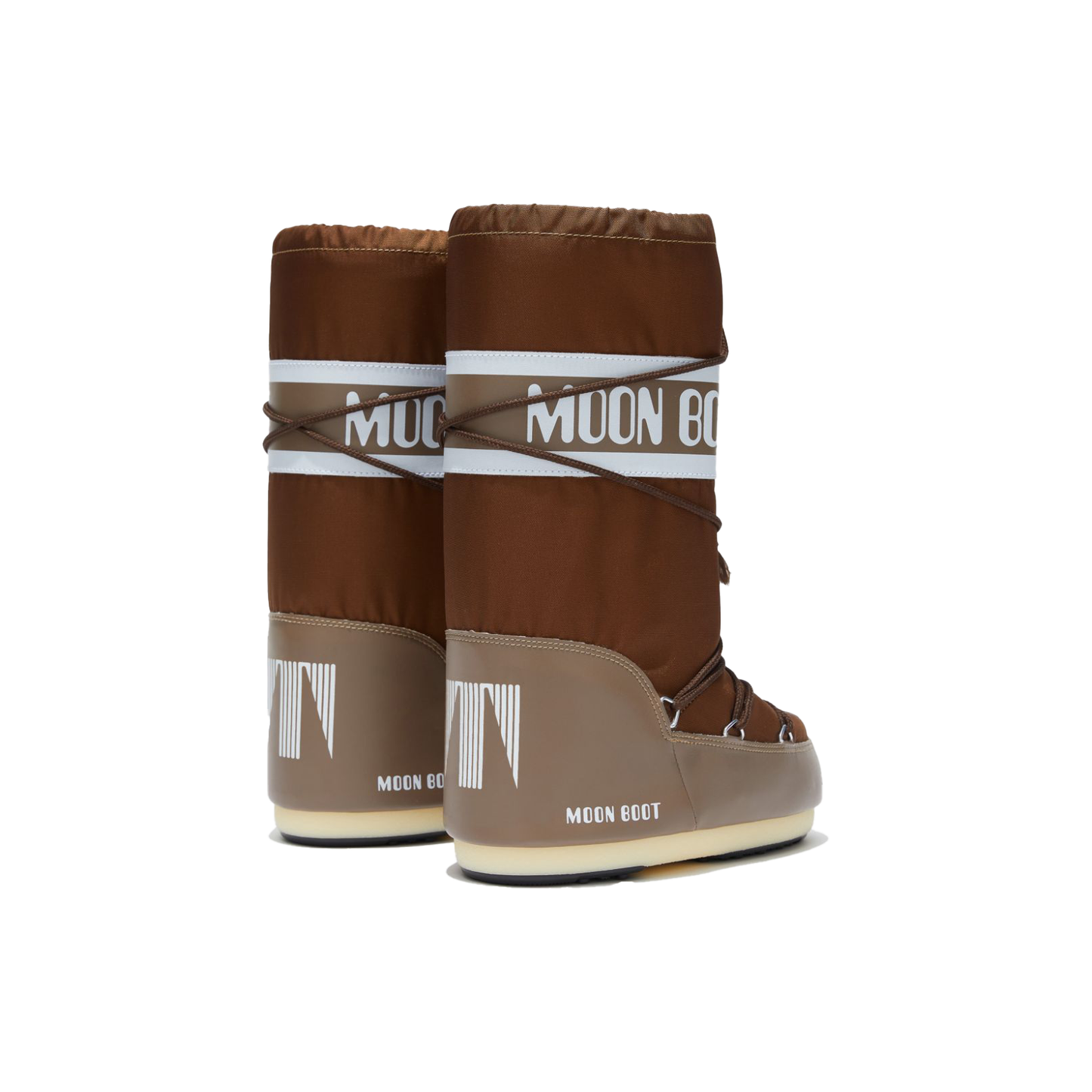 A rear view of two brown Icon Nylon boots by Moon Boot showcases their soft, water-repellent upper, white branding, wrap-around laces, and beige rubber soles.