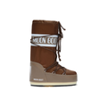 The Moon Boot Icon Nylon, in brown and white, features a side view showing its water-repellent design and laces.