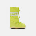 Bright yellow Icon Nylon Moon Boot with laces and white branding, viewed from the side on a plain white background.