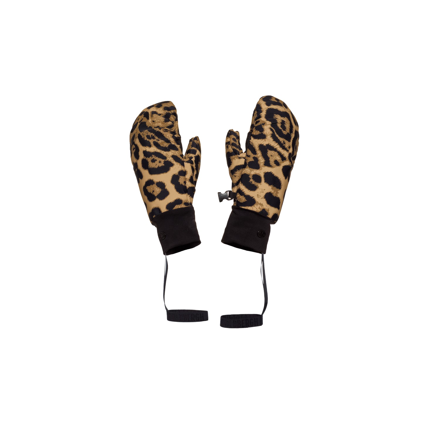 Goldbergh's Moon Mittens in Jaguar print feature black wrist straps and cuffs, crafted with durable insulation for winter adventures, all elegantly displayed on a white background.