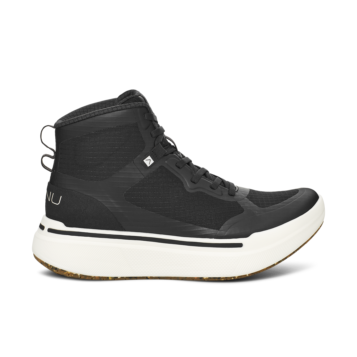 Introducing the M Sequence High by AHNU, a black mid-top sneaker with a white sole, adorned with black laces and subtle branding details on the side and tongue, enhanced with PEBA foam for exceptional comfort.