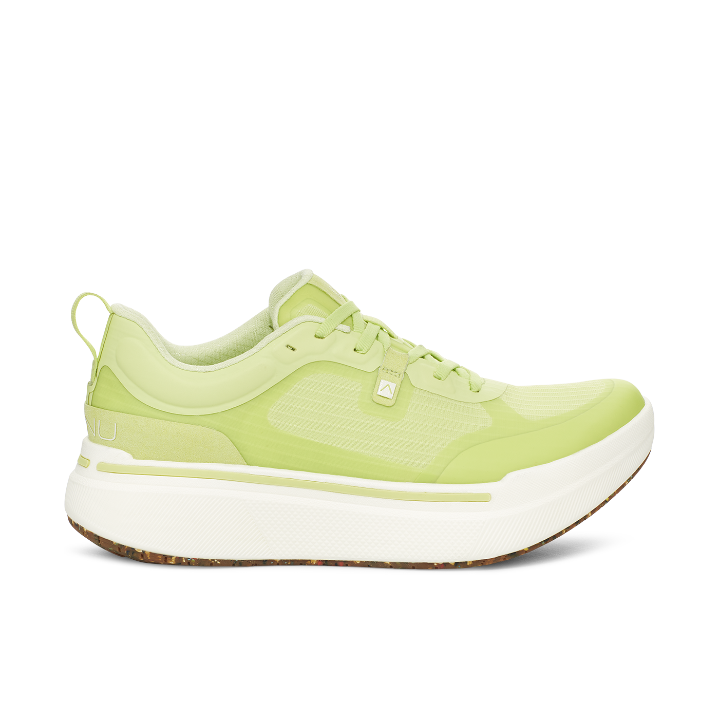 The W Sequence Low, Lime by AHNU is a lime green athletic shoe with a white sole and laces. It features a low-top design, rocker geometry, and a textured finish.