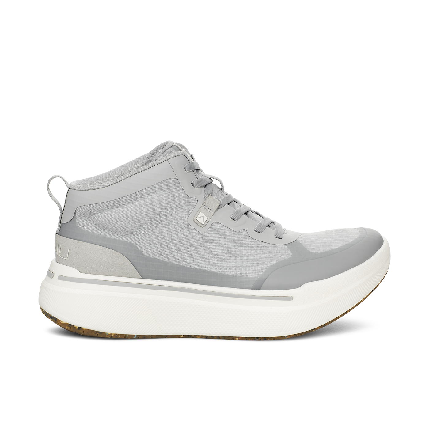 The M Sequence Mid, Grey by AHNU is a high-top sneaker in gray with white soles and a convenient pull tab at the heel. It features mesh fabric combined with synthetic overlays, and includes a white midsole infused with PEBA foam and a textured outsole for enhanced comfort and performance.