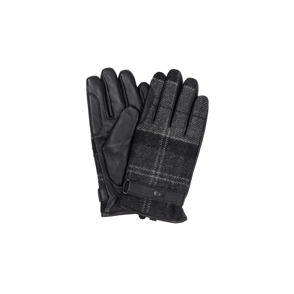 The Barbour Newbrough Tartan Gloves, a pair of black leather and plaid fabric gloves with button closures, are shown from the front and back.