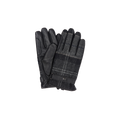 The Barbour Newbrough Tartan Gloves, a pair of black leather and plaid fabric gloves with button closures, are shown from the front and back.