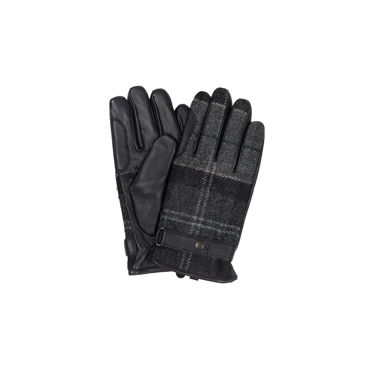 The Barbour Newbrough Tartan Gloves, a pair of black leather and plaid fabric gloves with button closures, are shown from the front and back.