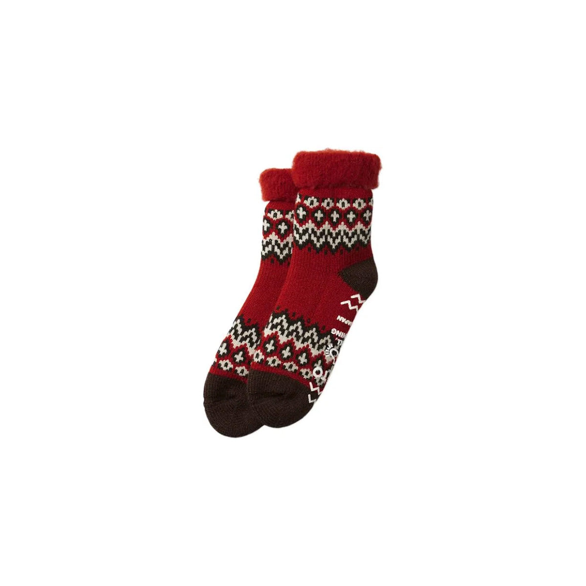 RoToTo's Comfy Room Socks feature a red and black geometric pattern with white and green accents, fluffy cuff, and non-slip soles.