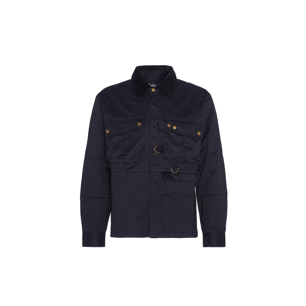 The Barbour Oakmoor Oversized Overshirt is a navy blue button-up jacket featuring two chest pockets, a collar, gold button accents, and crafted from cotton twill. It also includes a belt loop detail on the front, making it perfect for seasonal layering.