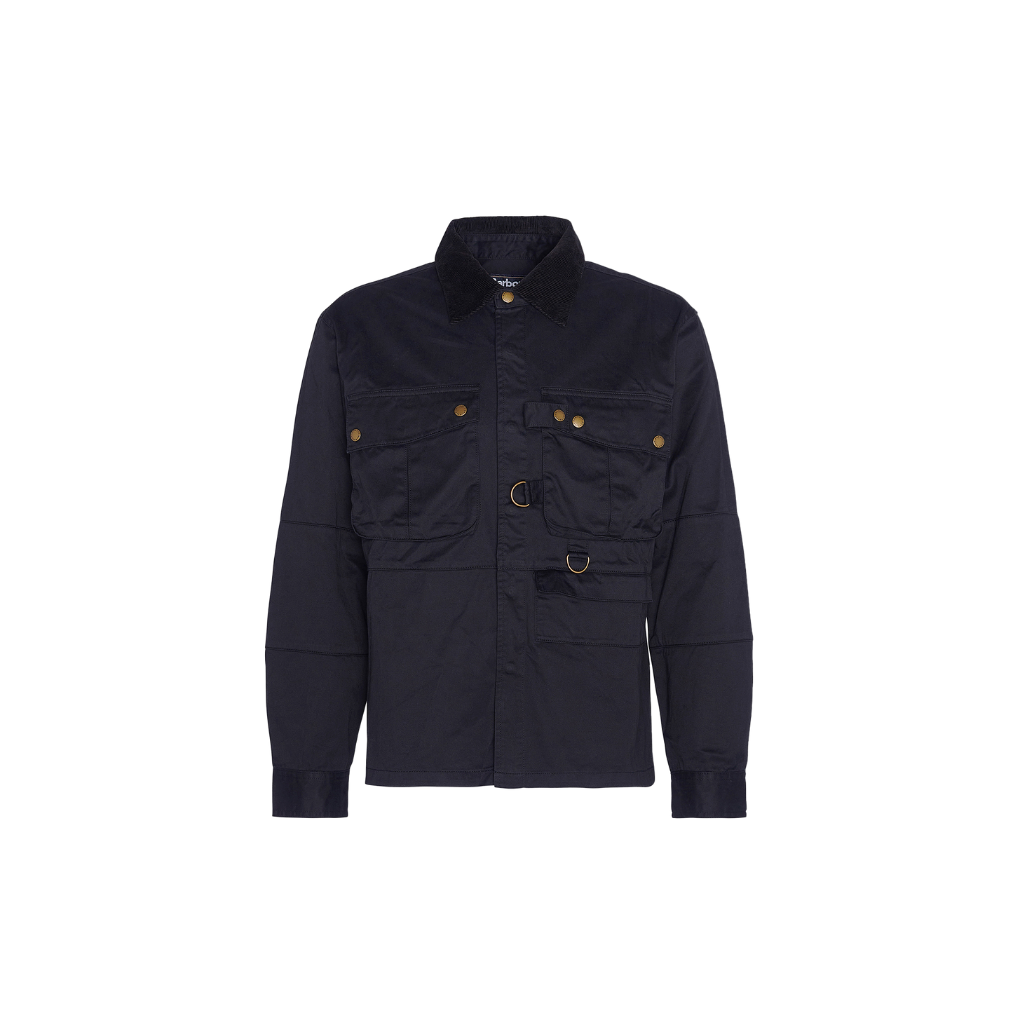 The Barbour Oakmoor Oversized Overshirt is a navy blue button-up jacket featuring two chest pockets, a collar, gold button accents, and crafted from cotton twill. It also includes a belt loop detail on the front, making it perfect for seasonal layering.