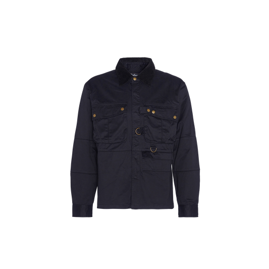 The Barbour Oakmoor Oversized Overshirt is a navy blue button-up jacket featuring two chest pockets, a collar, gold button accents, and crafted from cotton twill. It also includes a belt loop detail on the front, making it perfect for seasonal layering.