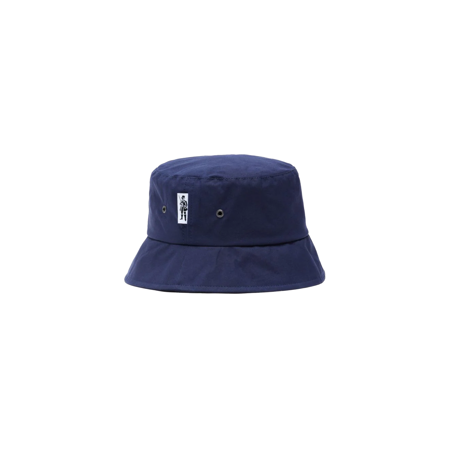 The Mackintosh Pelting Bucket Hat, made from dry wax cotton in navy blue, features a small white rectangular patch with an icon and text. Two metal eyelets on each side enhance its functionality. Water-repellent and stylish, it stands out against a plain white background.