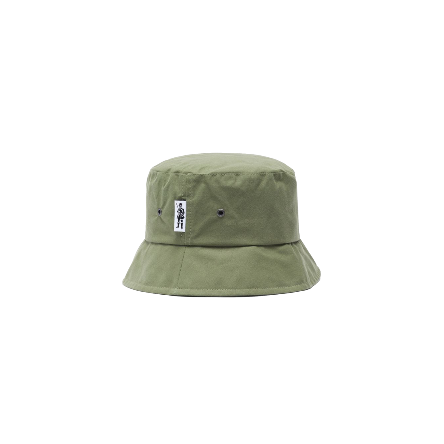 The Pelting Bucket Hat by Mackintosh is crafted from green water-repellent Dry Wax Cotton. It has a small black and white label on the front and features two ventilation eyelets on each side for breathability.