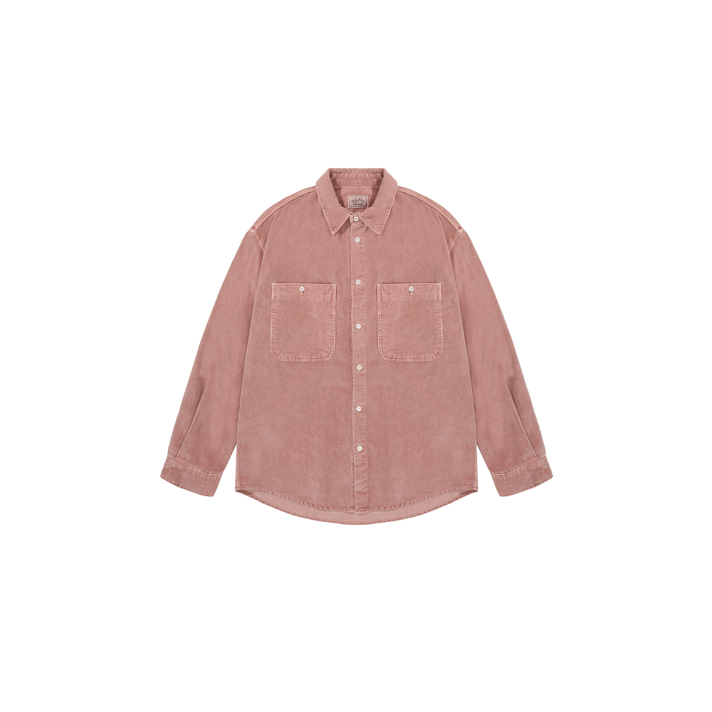 The Pigment Corduroy Shirt by Kappy is a unisex pink button-up with two front pockets, presented on a plain white background.